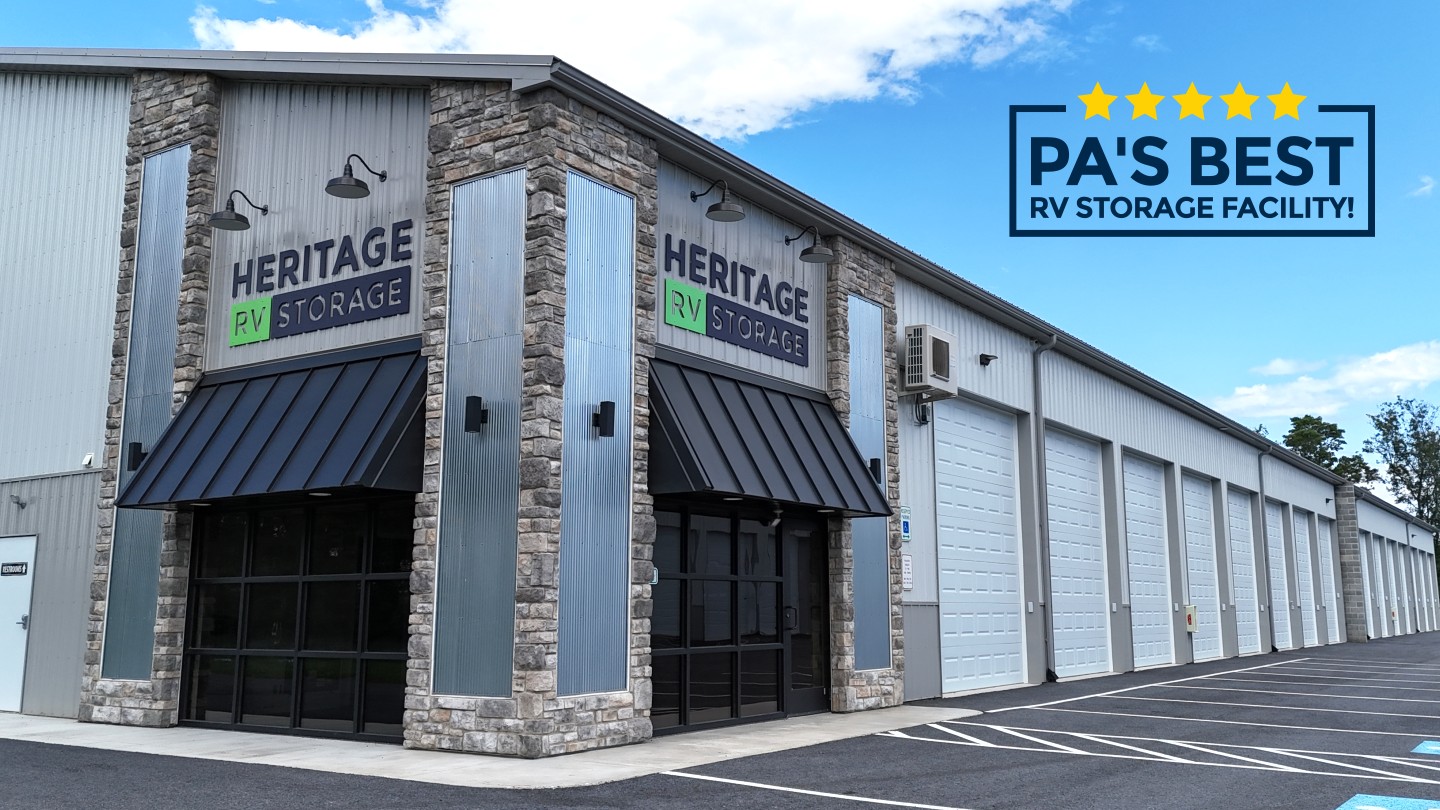 Exterior of the Heritage heated indoor RV storage facility