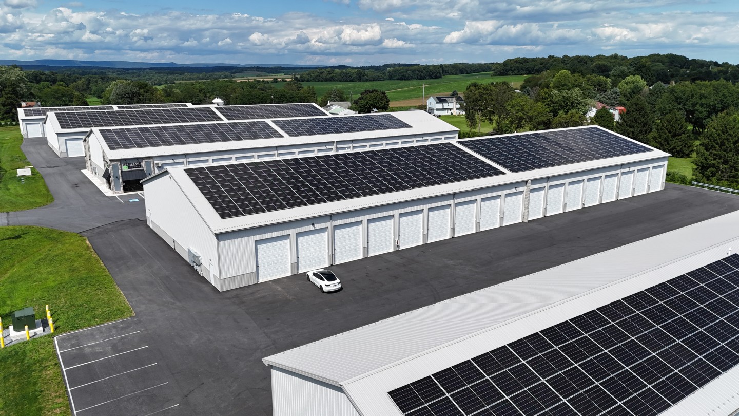 Solar arrays covering the rooftops at Heritage RV Storage