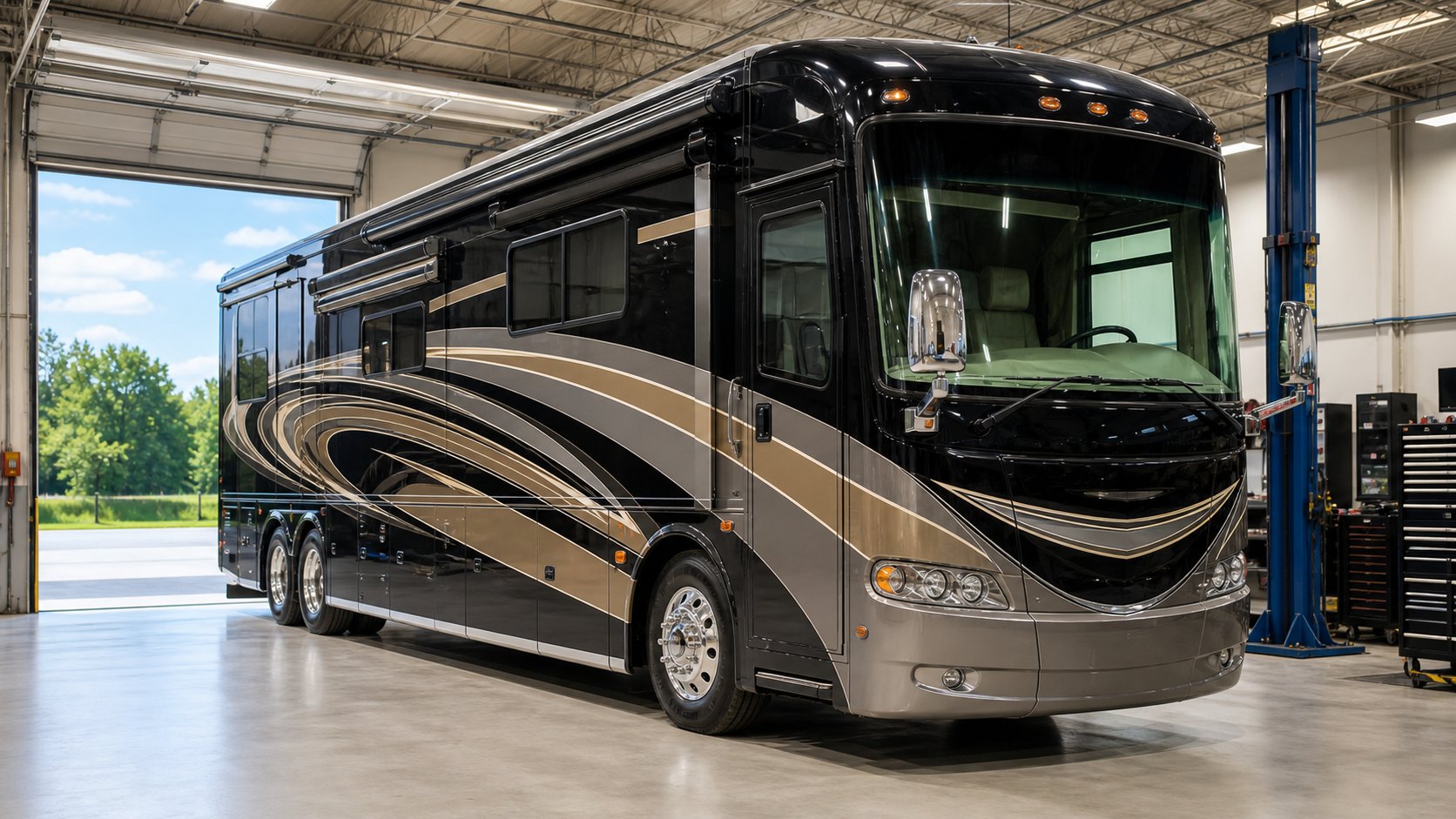 Luxury motorhome receiving onsite RV service at Precision RV Care in Leesport, Pennsylvania in Leesport, Pennsylvania