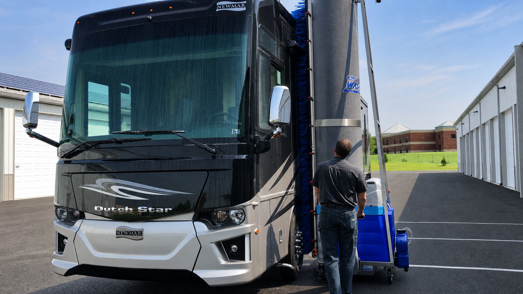Automatic WashBot cleaning a motorhome for the Heritage RV Wash Club in Leesport and Lenhartsville, PA